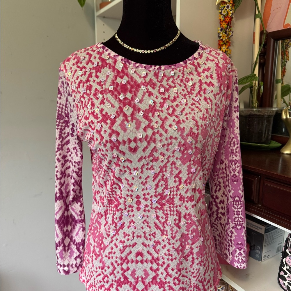 Haven Pink and White Fitted Blouse with 3/4 Sleeves
